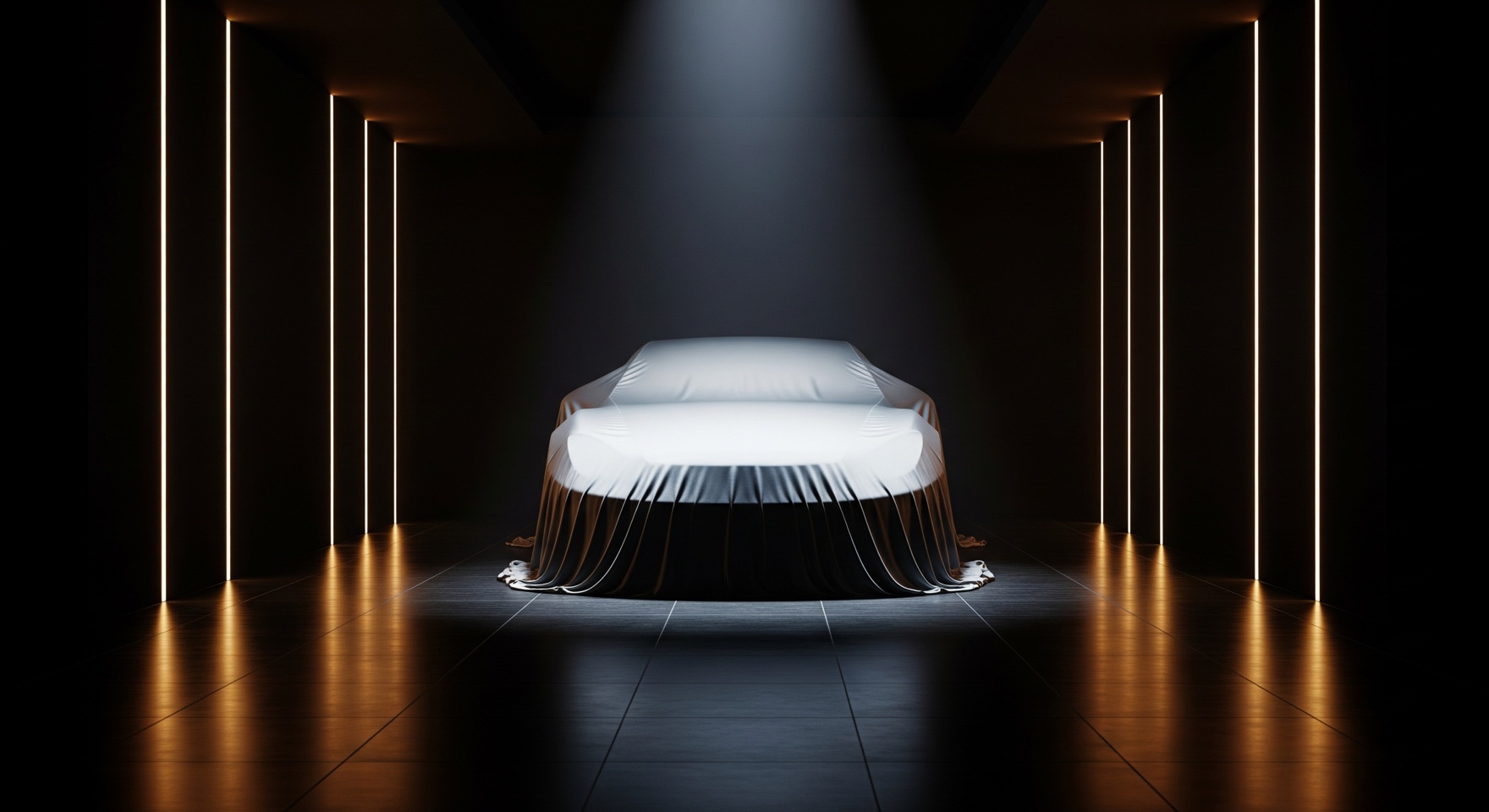 A covered car under a spotlight in the JustCars studio