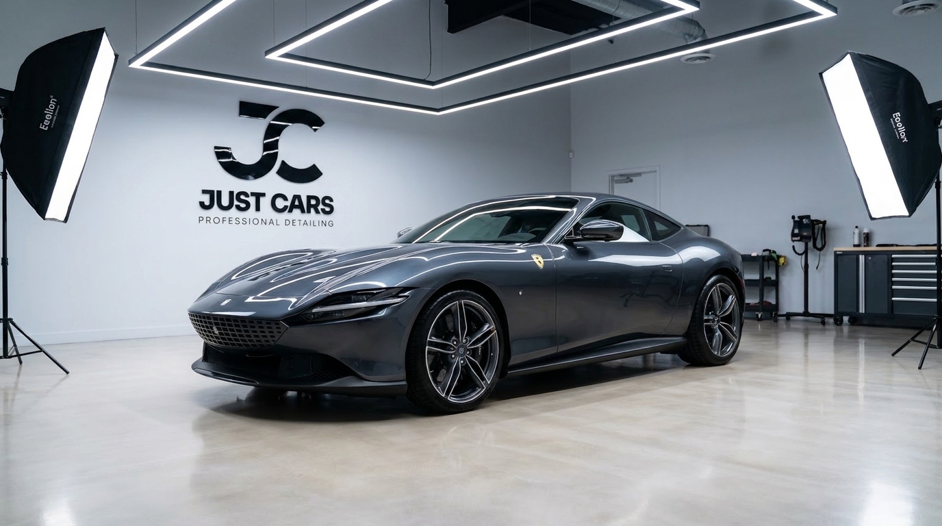 A Ferrari Roma in the JustCars studio, under the JustCars wall mark